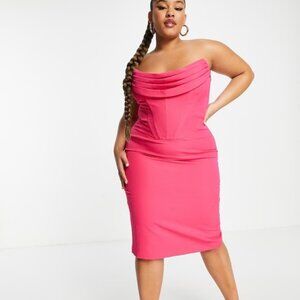 Lavish Alice Eliza curve strapless cowl corset magenta pink midi dress